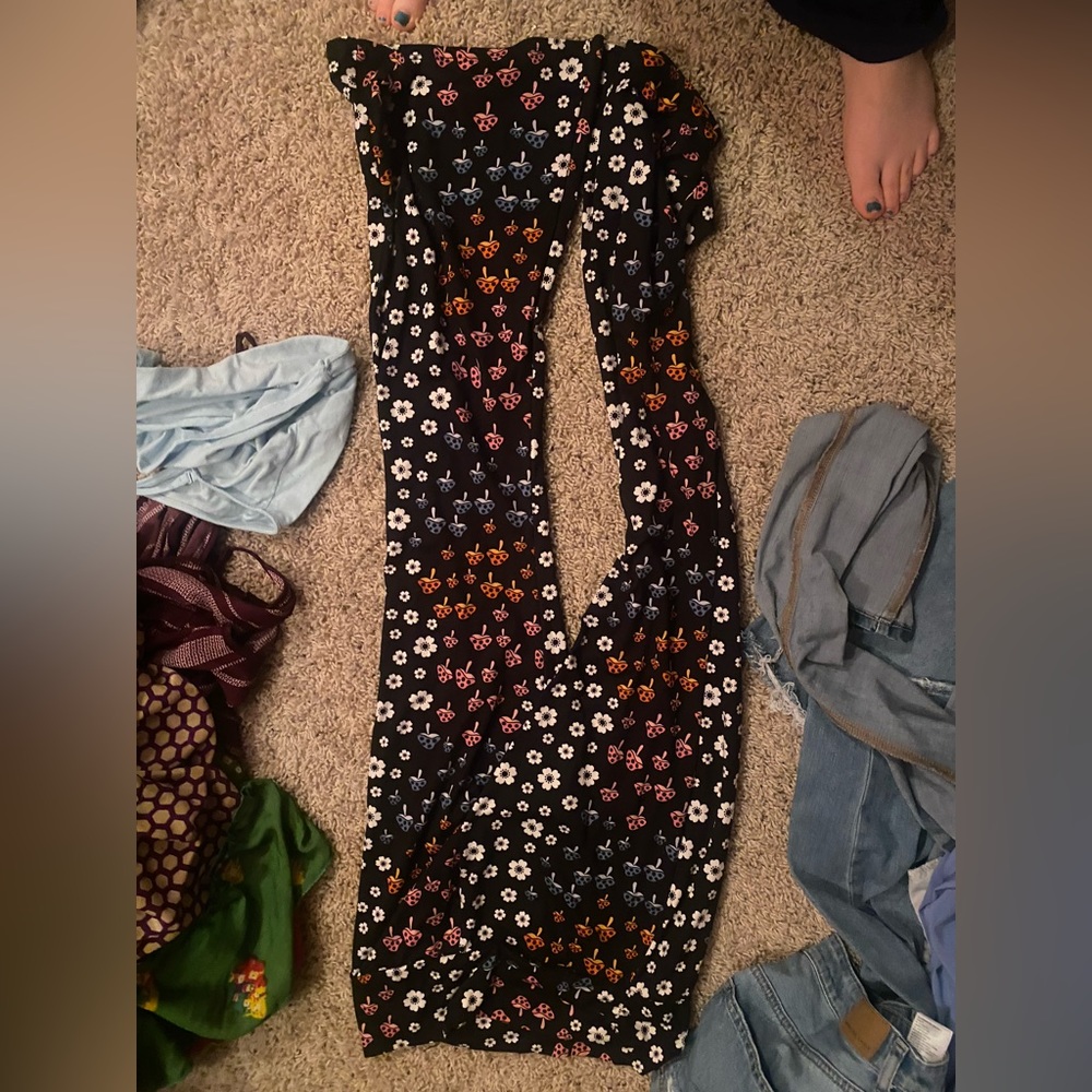 Large mushroom and floral flare pants